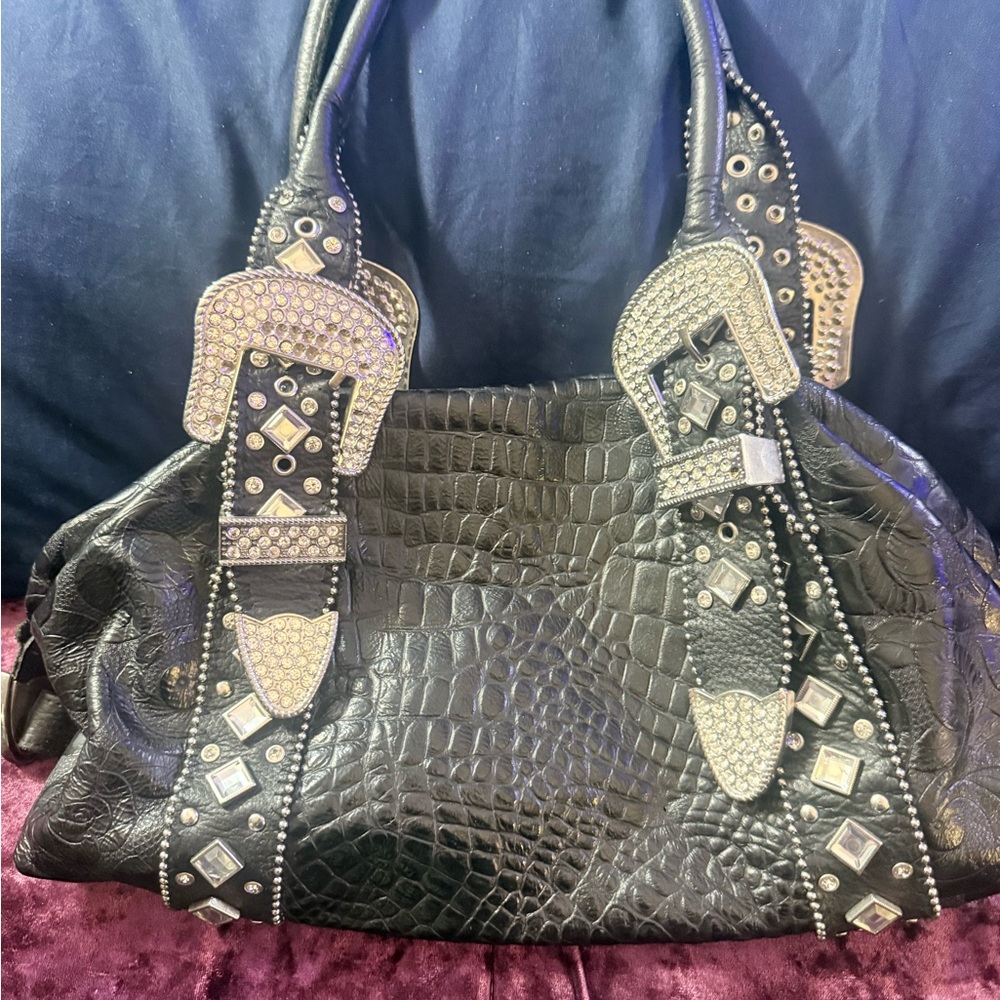 Black Croc-Embossed Shoulder Tote with Crystal Buckle Detailing